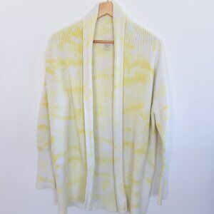 CALIA Pastel Buttery Yellow White Tie-Dye Long Cardigan Sweater Open Front S